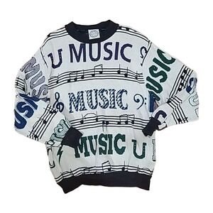 Sugar Street‎ Weavers Sweater Music Tapestry Woven Crew Neck Pullover USA Made